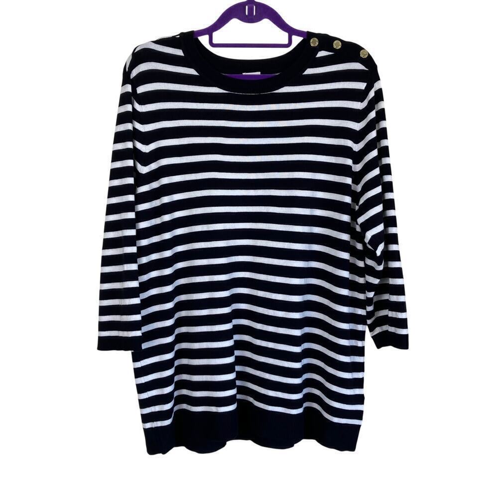 Anne Klein Sz 2X Nautical Striped Fine-knit Sweater W Gold Buttons Navy White